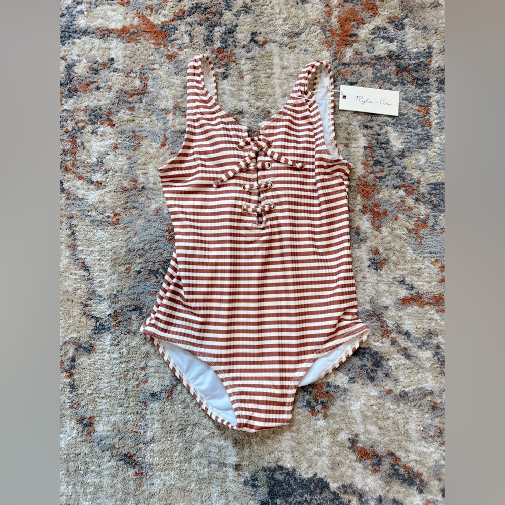 [Rylee + Cru] Rust Stripe Lace Up One Piece